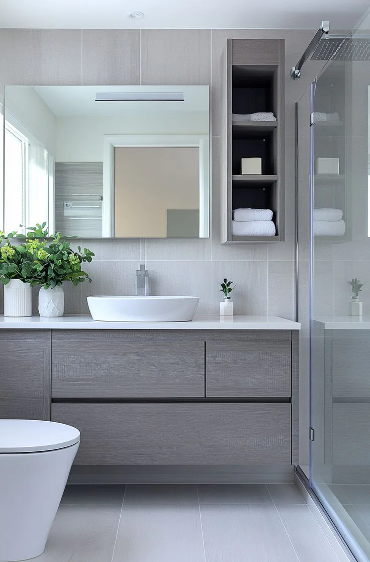 Designer bathroom renovation with feature lighting